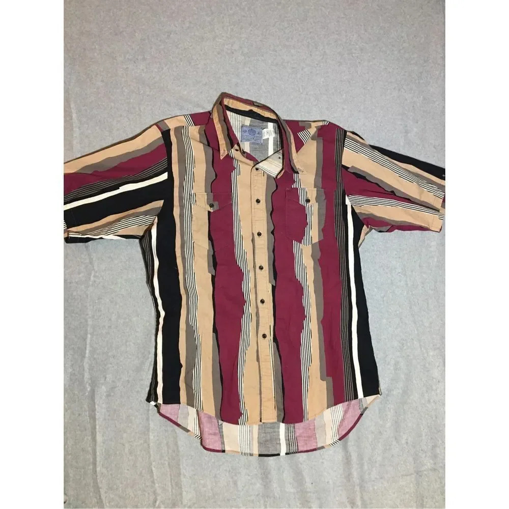 Mens American Hero Button Up Shirt Size XL Brown Red Grey Striped Neutral